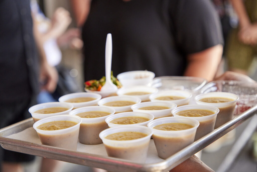 A tray full of samples of soup from a recent food tour of pike place market